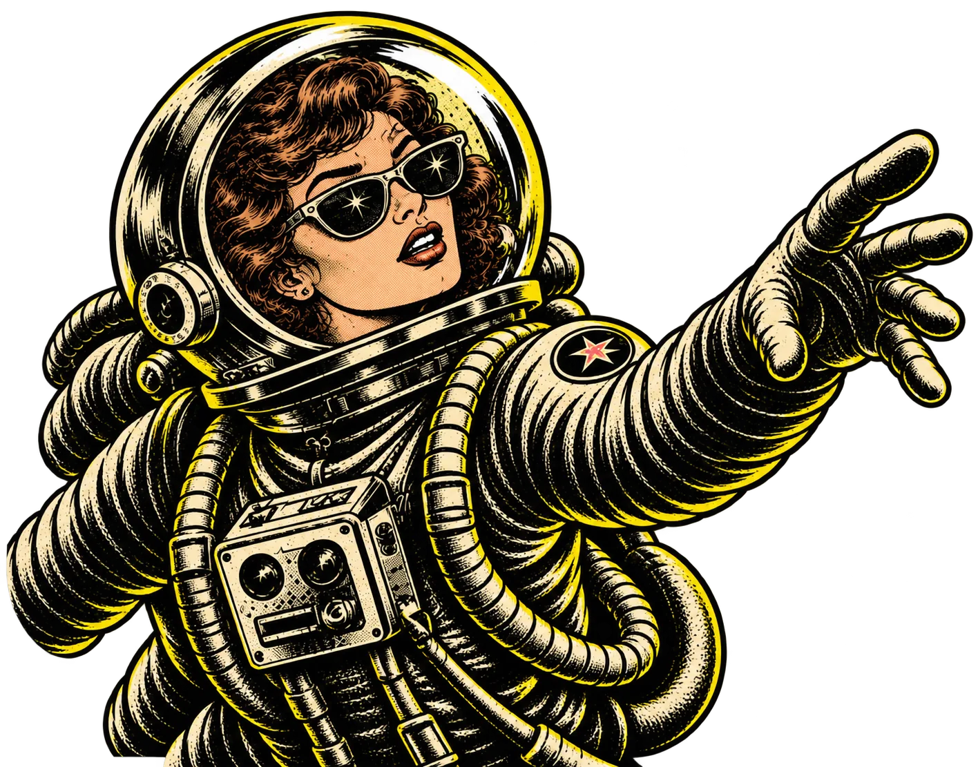An astronaut in sunglasses reaching for a drifting coffee cup