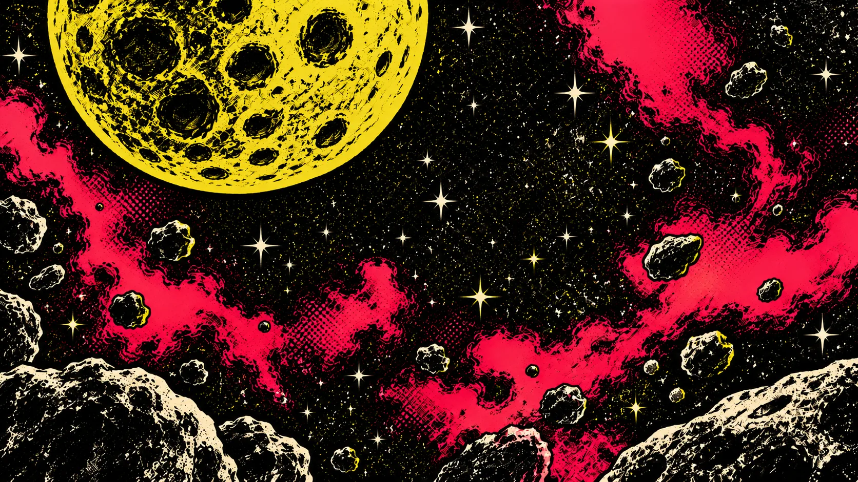 Halftone deep space with a moon and drifting asteroids