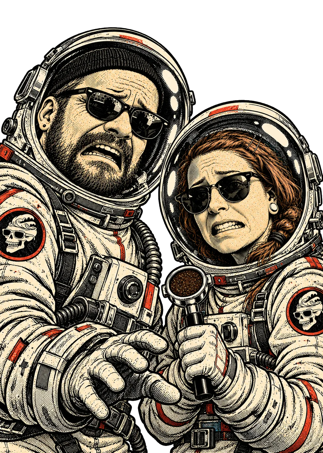 The founders in spacesuits, holding a portafilter and a camera